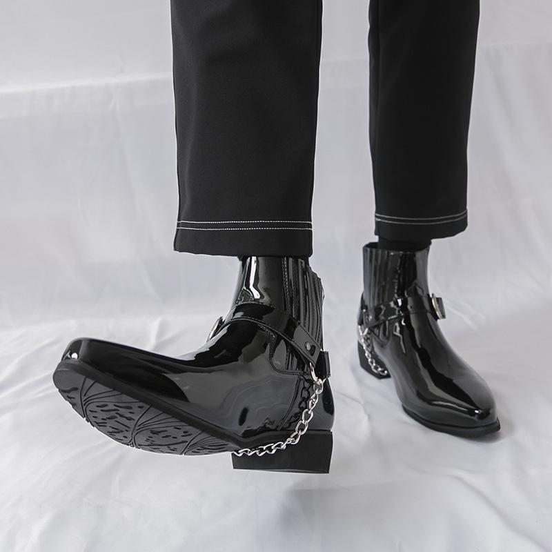 Plus Size High-Top Martin Boots: Men's British Style Glossy Patent Leather Chain Boots for Autumn/Winter 2025