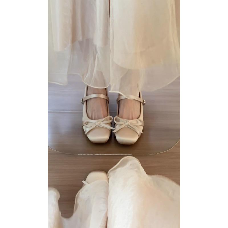 Inner height increase 7cm satin bow Mary Jane women's shoes high heel new thick heel single shoes ballet shoes