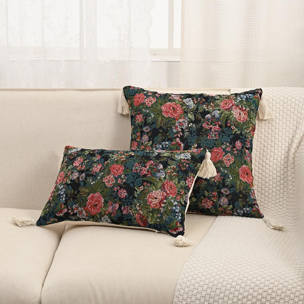 Retro European Style Cotton Linen Flower Cushion Pillowcase Living Room Sofa Backrest High Precision Jacquard Cushion Cover