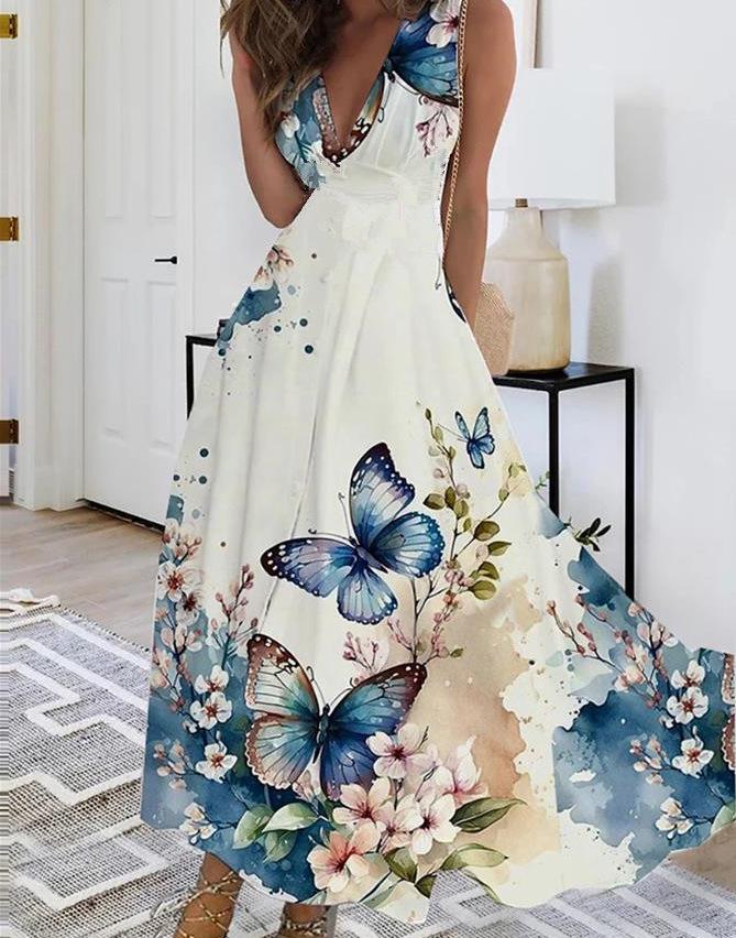 2023 Women's Summer V-Neck High Waist Sleeveless Printed Dress
