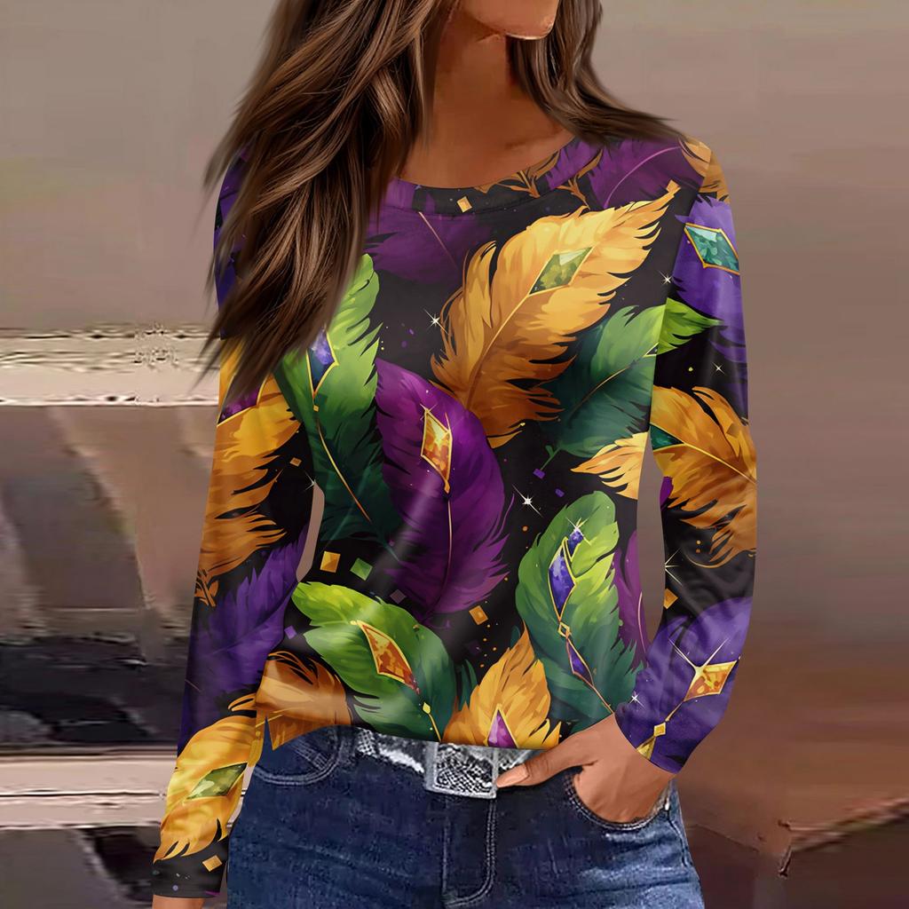Women's Fashion Casual Slit Hem Round Neck Long Sleeve Loose Printed T-Shirt Top