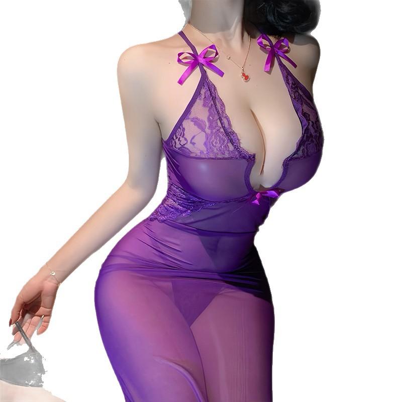 Sexy lingerie sexy perspective long dress female deep v suspender flirting seduction bed dating pure lust passion
