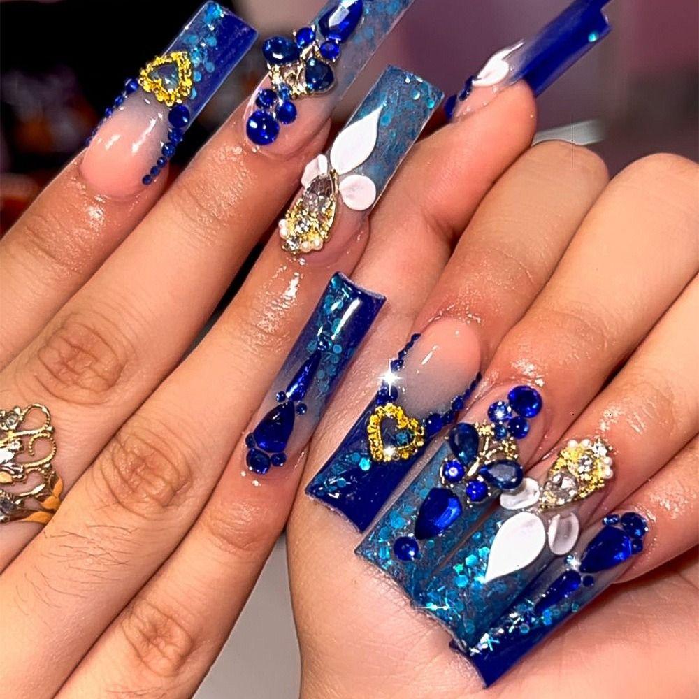 New Long False Nails Water Pipe French Fake Nails Detachable Bow Tie Press On Nails Women Girls