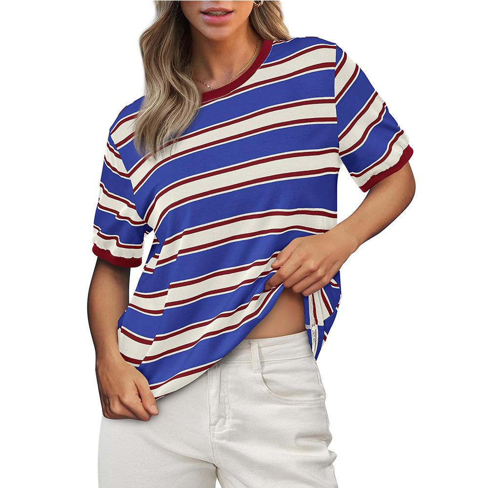 

Summer Round Neck Loose Top Striped Contrasting Short Sleeved T-shirt S