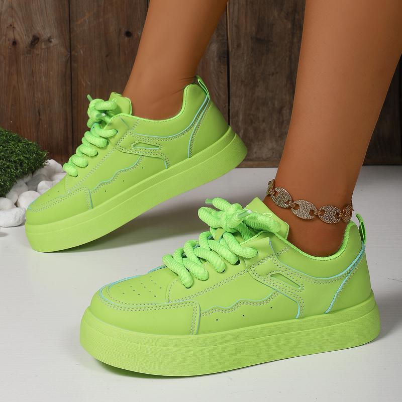 Mode Mode Fluoreszierend Grün Dicke Sohle Freizeitschuhe Damen 2025 Herbst Runde Zehenpartie Schnürung Weiche Sneaker Rutschfest Skateschuhe