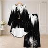 Women Plus Size Two Piece Set Round Neck Long Sleeve Black White Printed High Low Top Wide Leg Pants