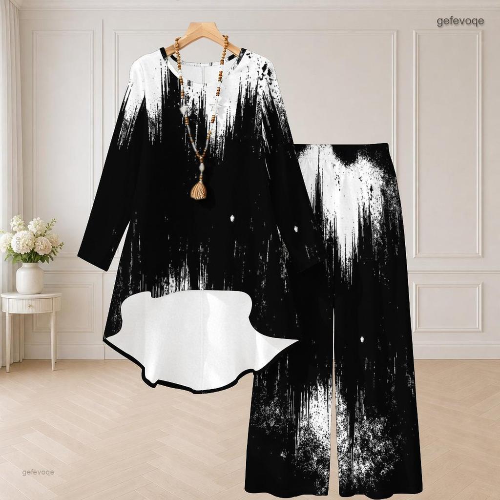 Women Plus Size Two Piece Set Round Neck Long Sleeve Black White Printed High Low Top Wide Leg Pants