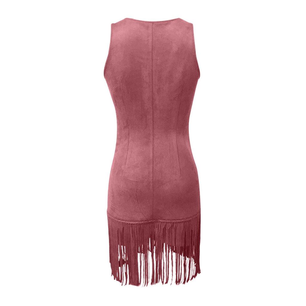 Women's Deep V Neck Sleeveless Fringe Tassel Mini Dress Western Cowgirl Slim Fit Button Down Bodycon Club Party Dress for Women