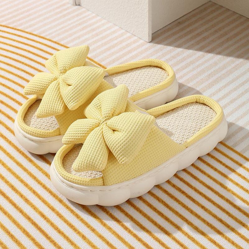 Butterfly Knot Linen Slippers for Women, Summer Home, Anti Slip, Daily Breathable, with A Sense of Stepping On Poop, Indoor Thick Sole