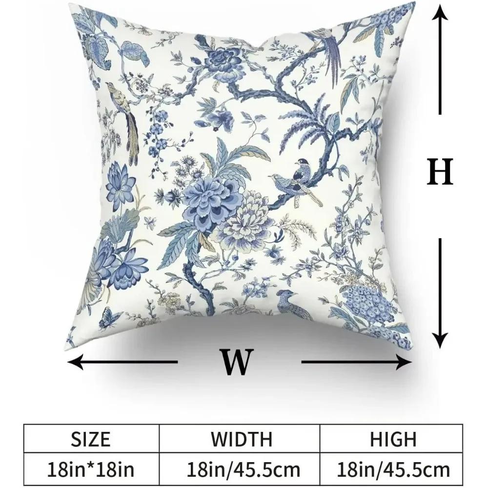 Chinoiserie Kissenbezüge Set aus 2 Stück Blau und Weiß Außen Bule Vögel Blumen Wurf 18x18 Zoll Baumwolle Quadratisch Kissenbezug