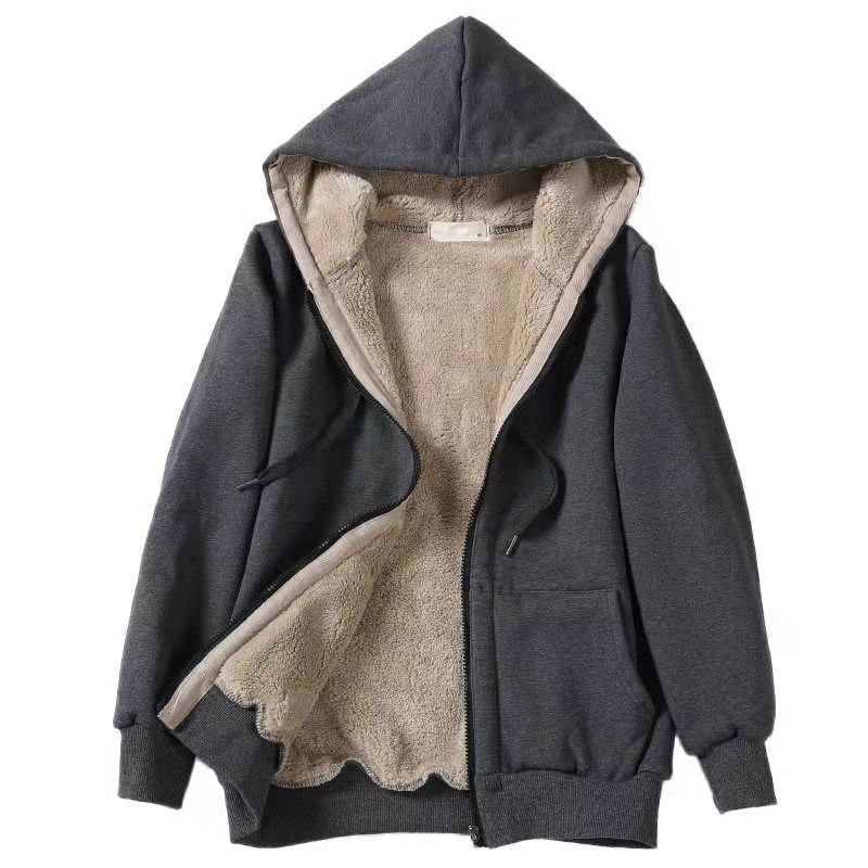 Women's Fall and Winter Solid Color Hooded Long Sleeve Sweatshirt Cozy Casual Plush Jacket