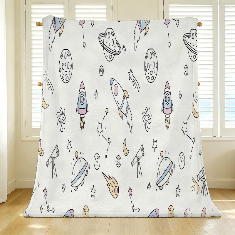 Space Theme Hemmed Flannel Blanket: Soft Warm Cozy Plush Throw for Home, Couch Nap, Halloween & Christmas