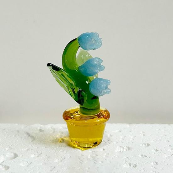 Mini Glass Lily of The Valley Flower with Pot Hand Blown Faux Crystal Flower Figurine for Mother's Day Birthday Table Centerpiece