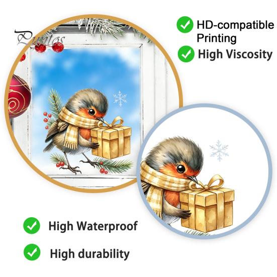 Creative Gift Ideas Christmas Bird Static Window Sticker, Cute Watercolor Glass Stickers with Pine Branch, PVC Waterproof Art Clings for Holiday