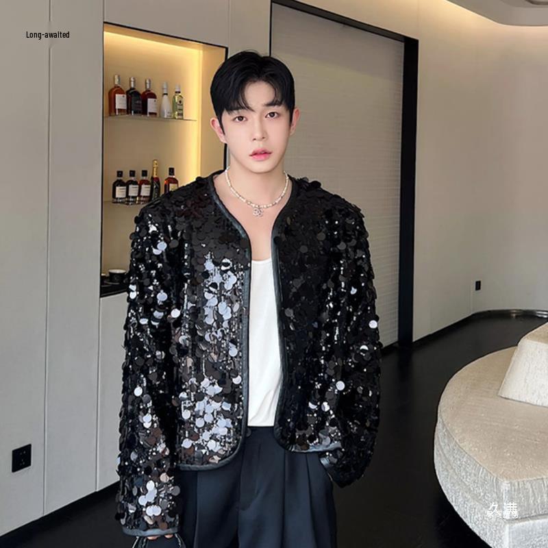 Men's Plus Size Shiny Sequin Performance Jacket Coat Cardigan