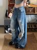 American Street Style Vintage Ripped Straight-Leg Jeans, Slim Floor-Length Trendy Design