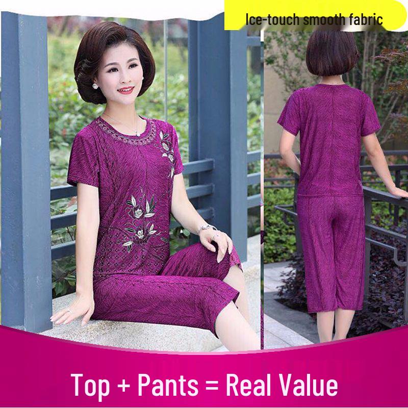 2024 Summer Plus-Size Imitation Ice Silk Two-Piece Suit for Middle-Aged & Elderly Women