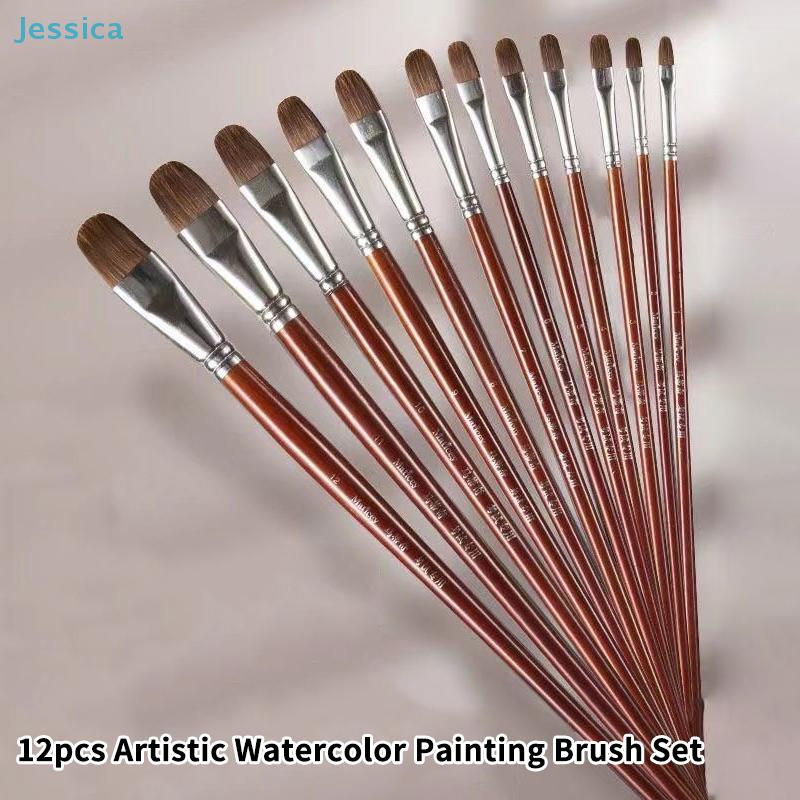 12-Piece Watercolor Paint Brush Set | Artistic Round & Flat Brushes for Watercolor, Acrylic & Gouache Painting