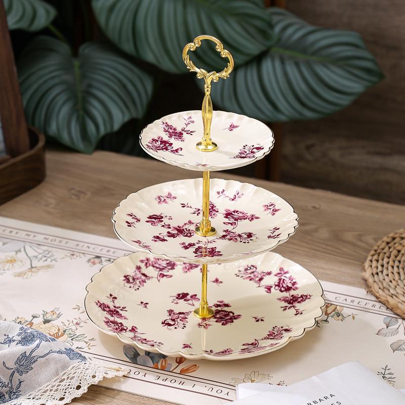 Ceramic Three-Tier Pastry Stand: English-European Style Fruit Bowl, Cake, Candy, and Snack Plate for Afternoon Tea.