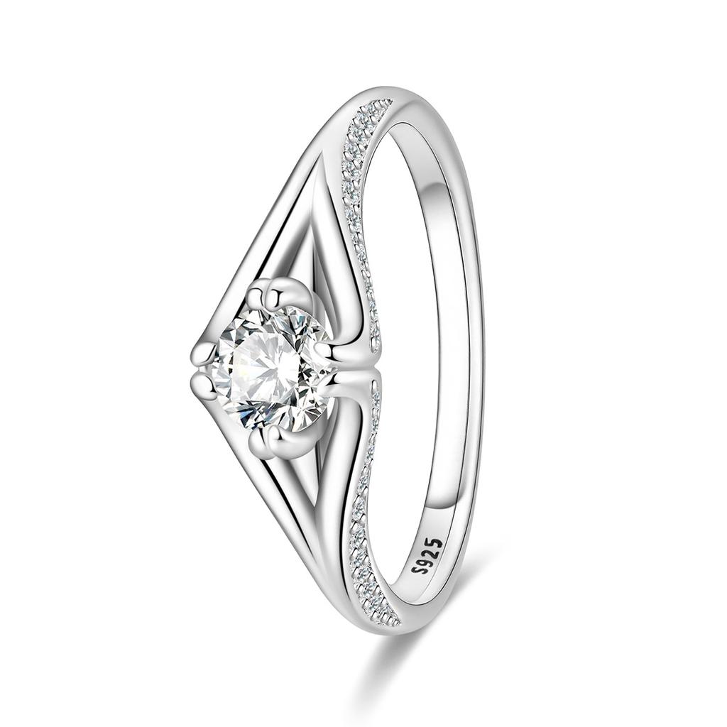 925 Sterling Silver V-Shaped Solitaire Ring Paved CZ Accent Minimalist Statement Ring for Women Daily Wear Trendy Jewelry