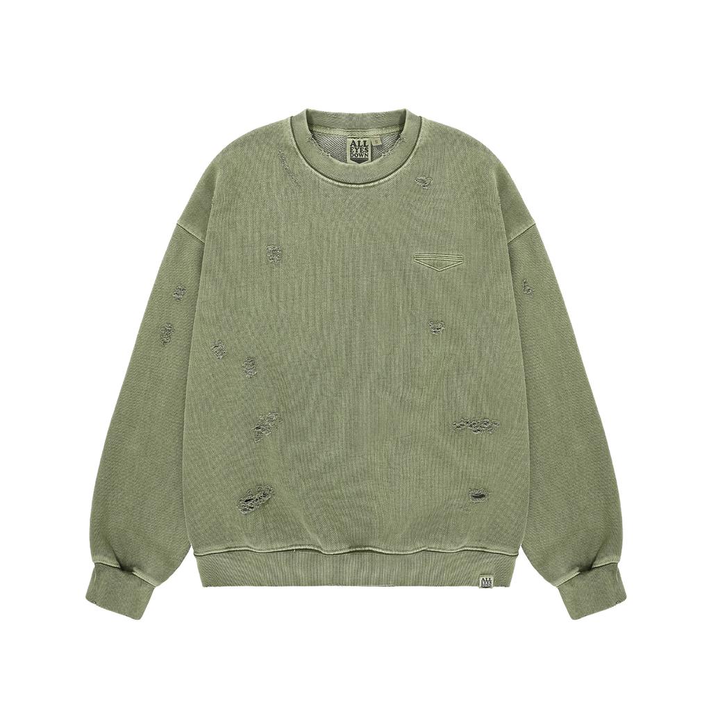ALL EYES DOWN Destroyed Pigment Sweat Shirt (Khaki)