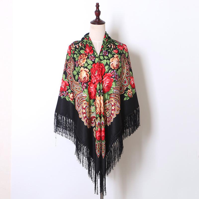 160*160Cm Women Russian National Scarf Lady Tassel Floral Print Headscarf Wraps Babushka Bandana Beach Travel Shade Shawls