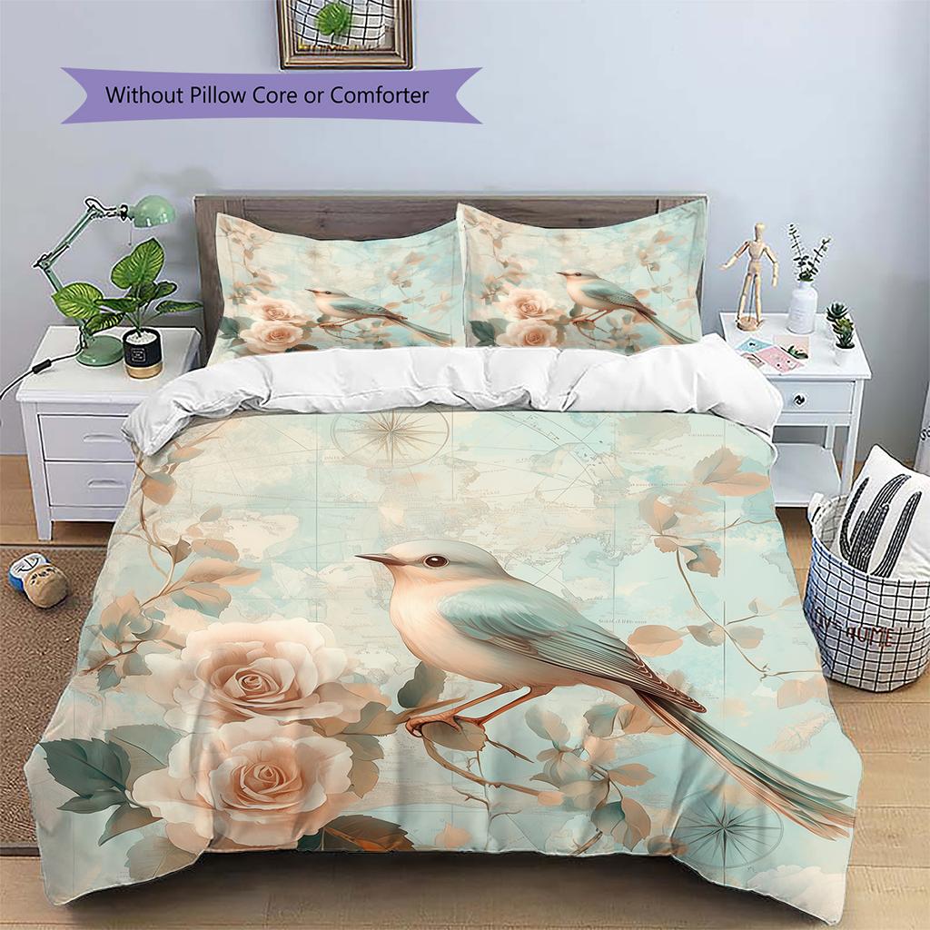 Map Flower Bird Pattern Bedding Quilt Set  Home Decoration  Gift (1 * duvet cover + 2 * pillowcase  without core)
