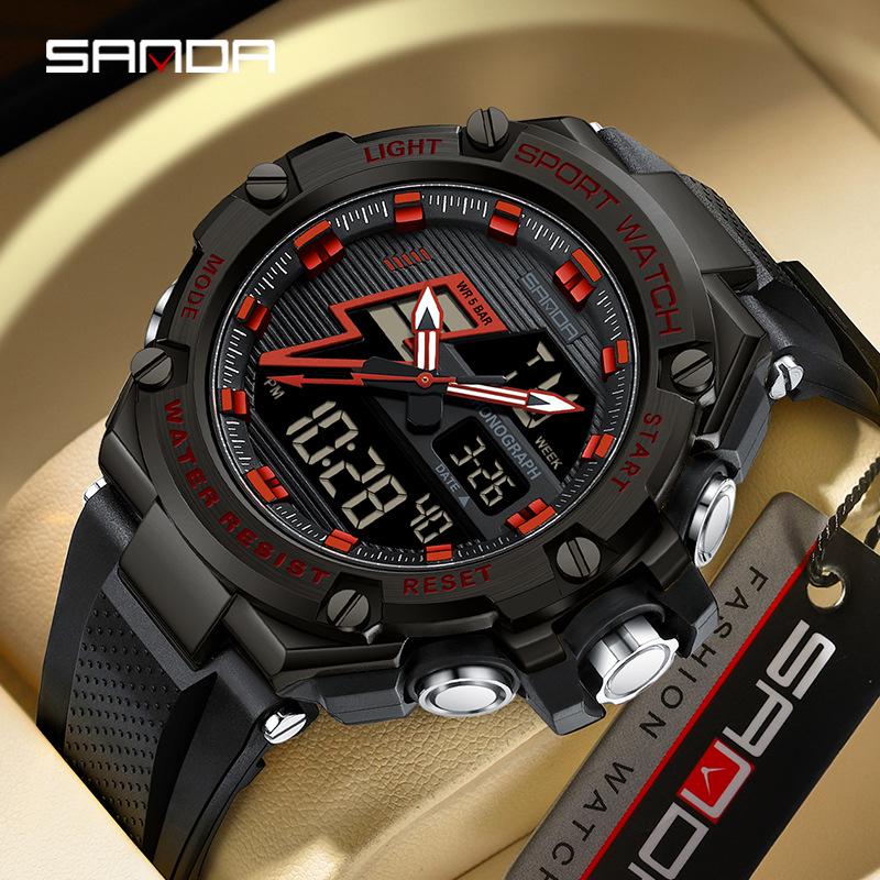 Sanda Men's Multifunctional Shockproof Waterproof Sport Watch with Alarm Clock and Black Technology.
