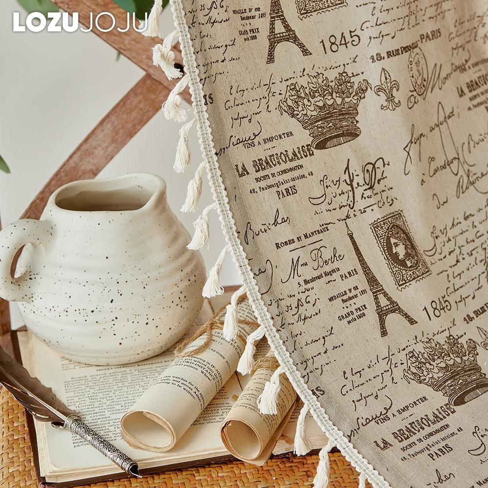 1PC LOZUJOJU Ins Style Vintage Eiffel Tower Printed Durable Tassel Edge Semi Blackout Curtains for Windows Balcony Bedroom Living Room Home Decor