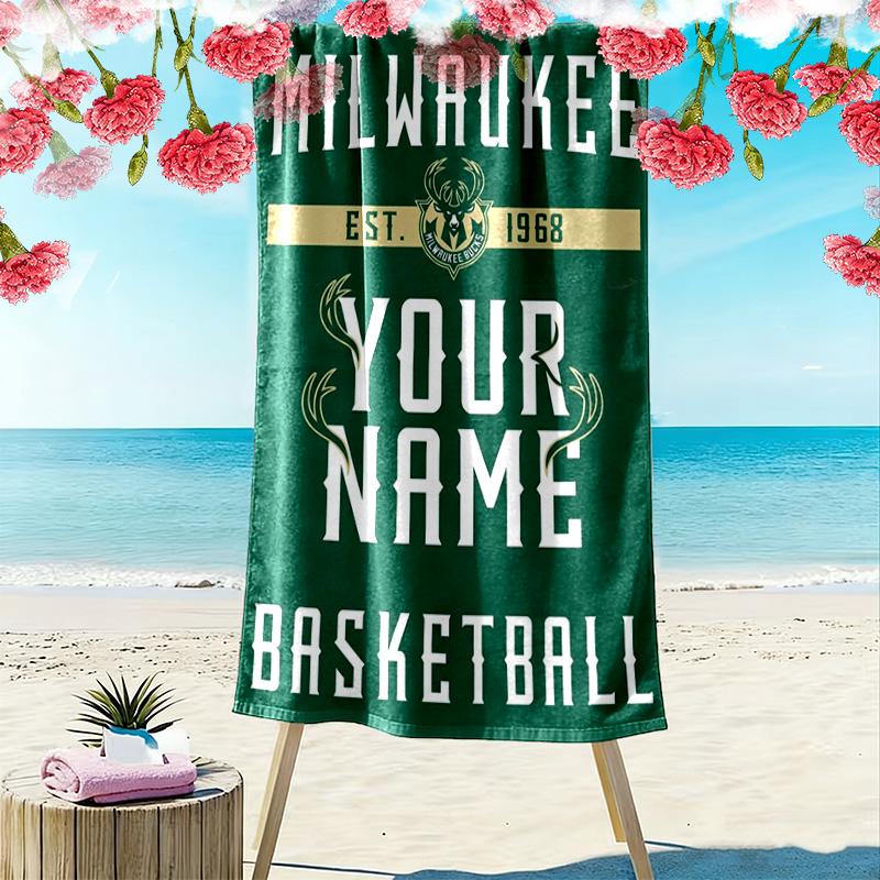 Name Custom Milwaukee Bucks Print Beach Towel, Large Soft Quick Dry Towel for Beach Camping Swimming