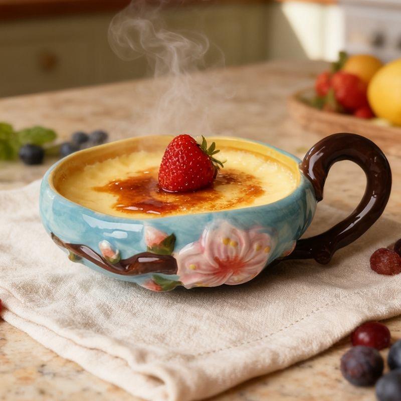Japanese High-Temperature Ceramic Relief Peach Blossom Bowl, Handled Fruit, Salad & Snack Dish A