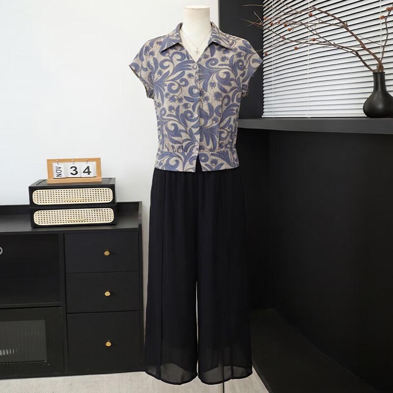 Women s Fashion Summer Short Sleeve Lapel Shirt 4XL темно-синий комплекта