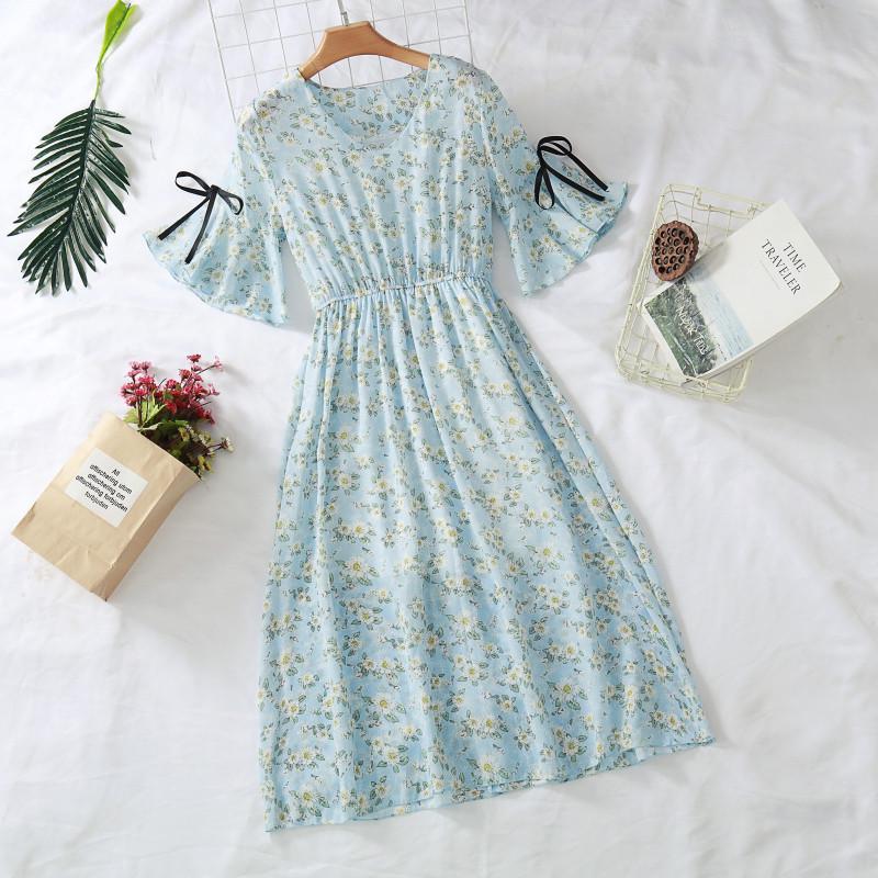 Women Chiffon Dress Summer Female Elegant Vintage Floral Short Flare Sleeve  Loose A-line Dress  buy at low prices in the Joom online store