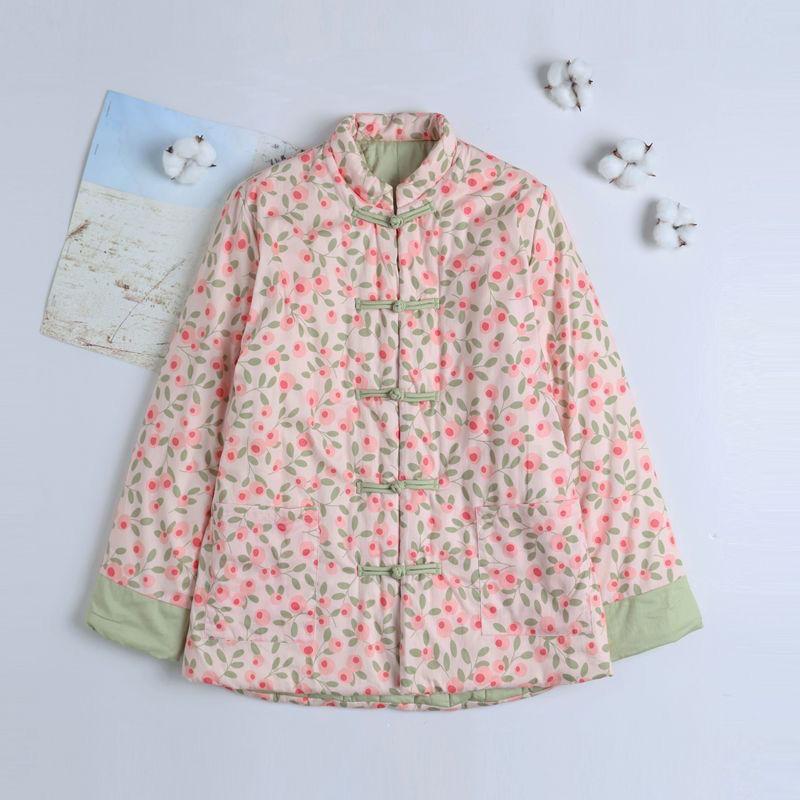 

Винтажная утолщенная хлопковая куртка для мамы, зимнее пальто с цветочным принтом, теплая верхняя одежда с хлопковой подкладкой S