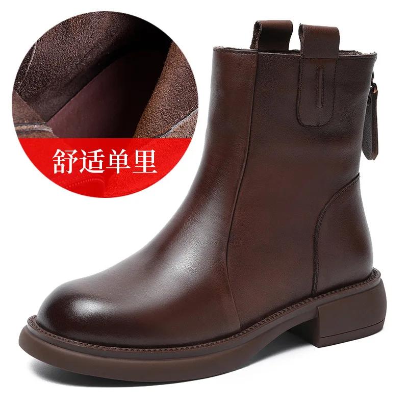 Fashion Autumn and Winter Genuine Leather Chelsea Boots for Women's 2025 New British Short Boots Women Brown Mid pipe Smoke Pipe Boots