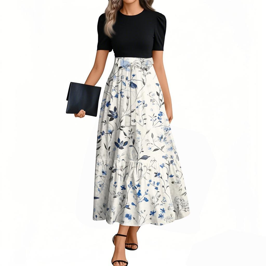 Damenmode Casual Gürtel Kurzarm Rundhals Blumennähte Elegantes Temperamentkleid