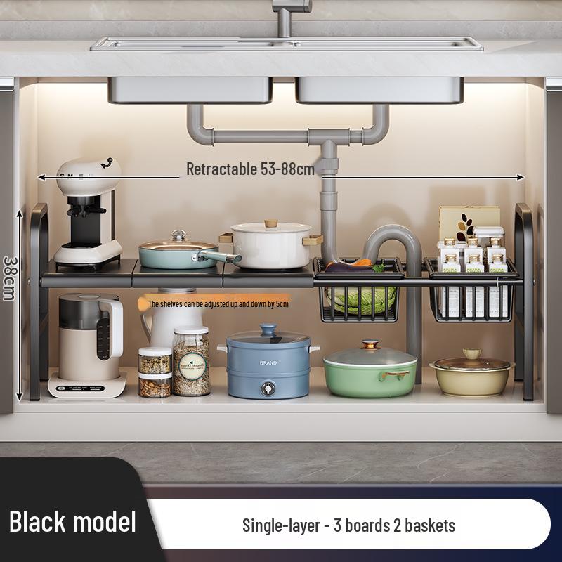 Rozšiřitelný kuchyňský úložný regál: Podumyvadlová police na organizér na nádobí