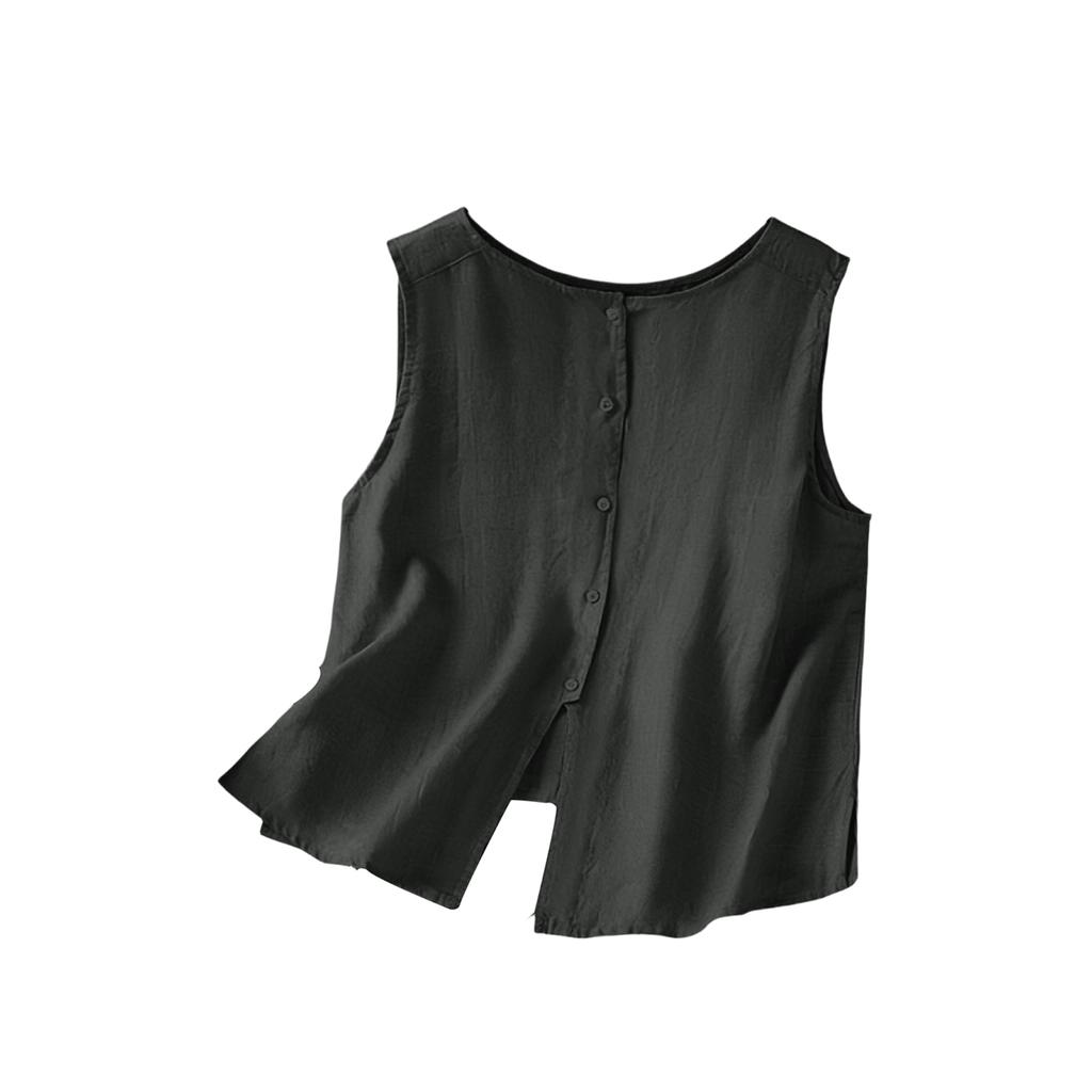 Women's Button-down Round Neck Linen Sleeveless Vest With Two-way Design