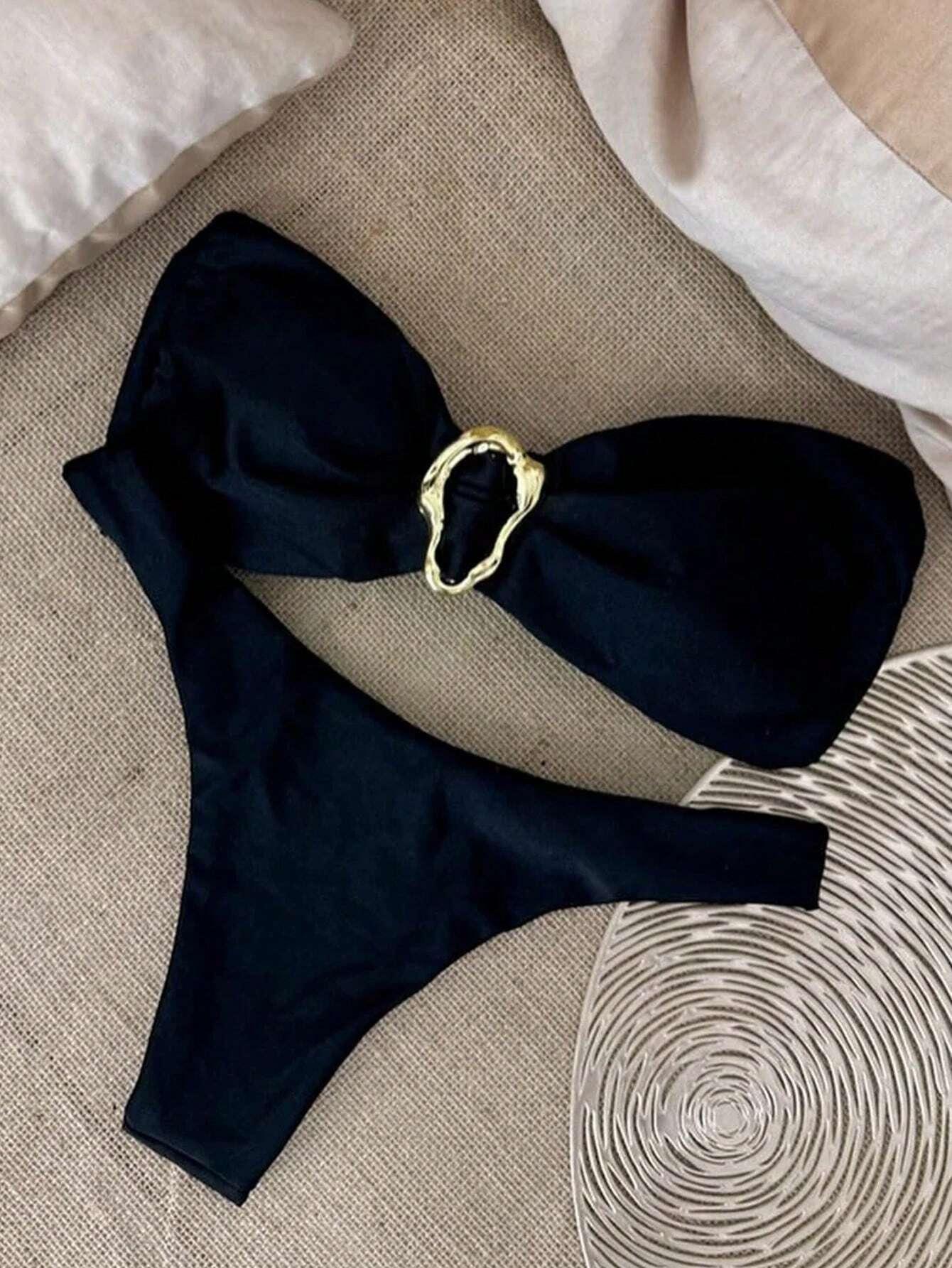 New European And American Style Black Tube Top Bikini Sexy Bow Strap Split Swimsuit Female Explosion S чёрный