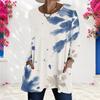 Women Plus Size Round Neck Long Sleeve Blue White Tie Dye Printed Loose Longline T Shirt With Pockets