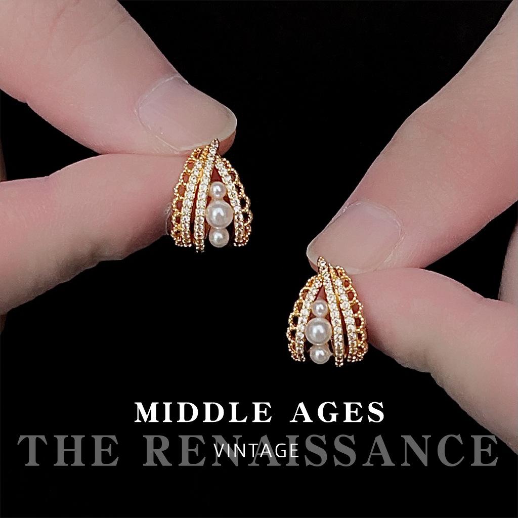 Retro court style hollow lace zircon stud earrings temperament elegant pearl earrings earrings