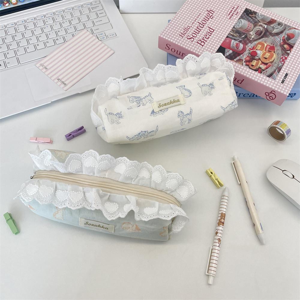 Cat Themed Pencil Case Large Capacity Organizer With Lace Print For Students And Office Use