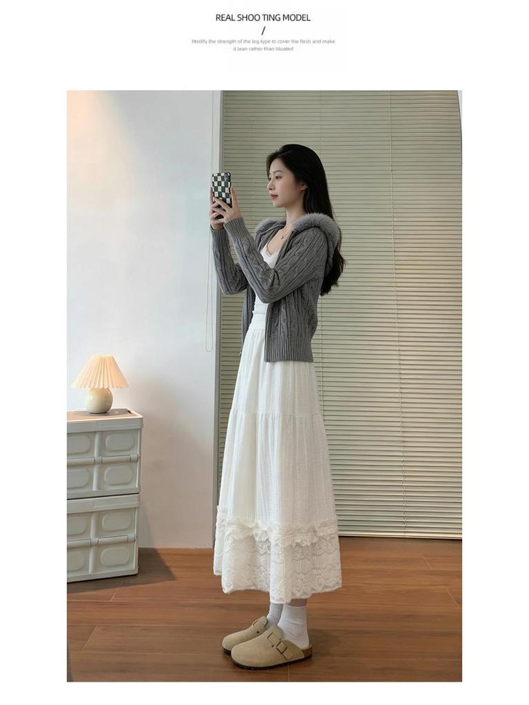 Women's White Lace High Waist A-line Umbrella Skirt - Mid-length Flare for Tall Figures