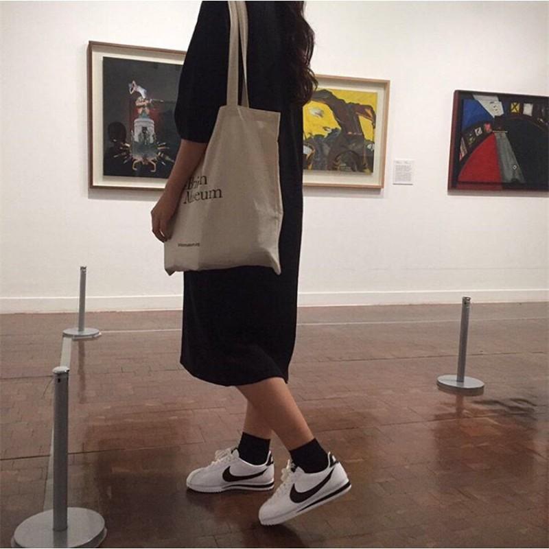 South Korea Ins Style British Museum Letter Print Thin Cotton Grey Cloth Bag Simple All-matching Shoulder