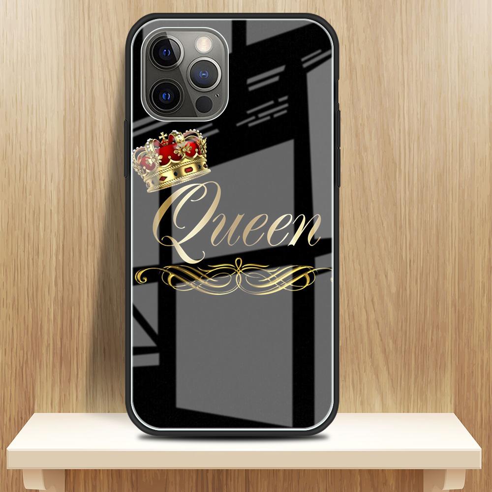 Diamond Crown Printing Glass Case For iPhone 11 13 12 14 Pro XR X XS Max 7 8 6 6S Plus SE 2020 Tempered Black Edge Phone Covers