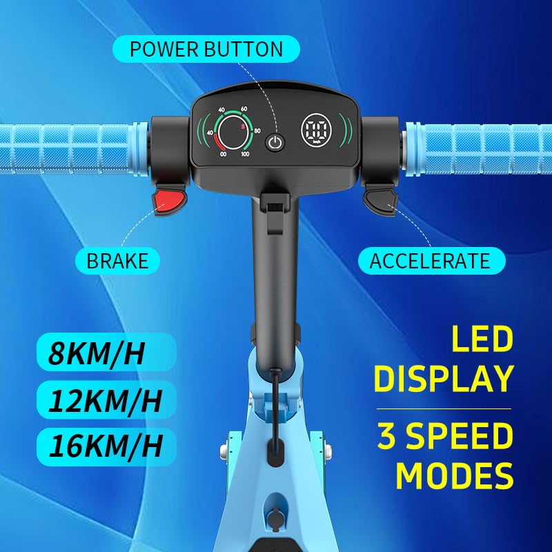 Electric Scooter (6-12Y) | 16km/h, 10km Range, Foldable | Dual Shock Absorbers & E-ABS | LED Display & Colorful Lights