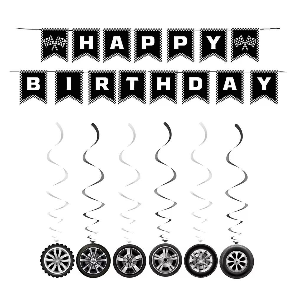 

Black White Race Car Banner Hanging Happy Birthday Ornaments For Kids Racing Birthday Party Style 3