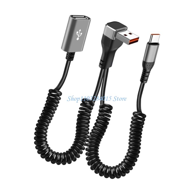 R6FF 66W Fast Charging 90 Degree Angled USB Spring Coiled Data Cable for Car Computer