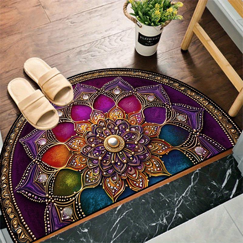 

Bohemian Mandala Floral Half Round Door Mat Vibrant Ethnic Style Non-Slip 2D Flat Washable Floor Rug for Porch Bedroom Decor 40X60CM
