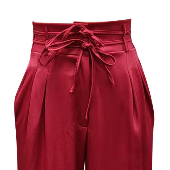 Women Pants High Waist Lace-up Casual Wide Leg Trousers with Pockets Pure Color Design Loose Fit Long Pants Daily